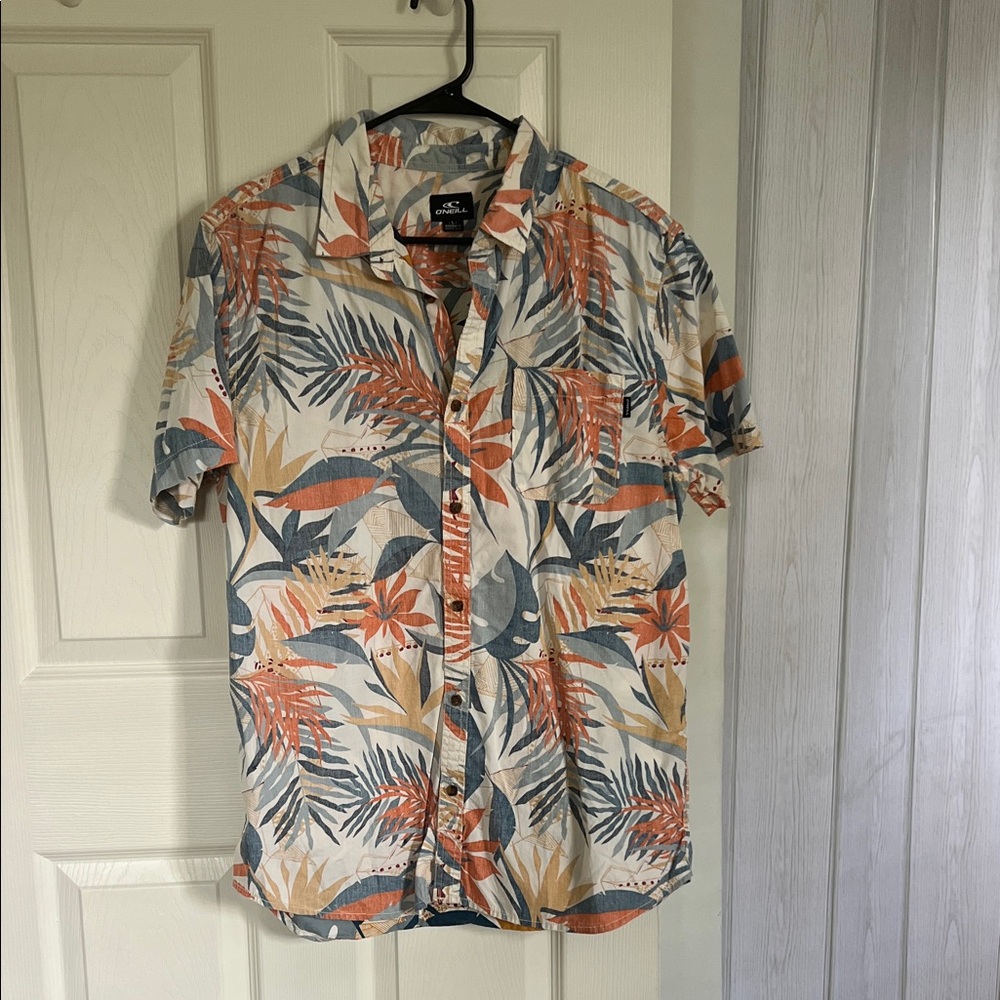 O'Neill Short Sleeve Tropical Leaf Print Shirt - Cream, Orange, Blue